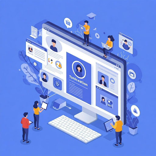 Illustration of a modern online e-learning platform with students interacting virtually.